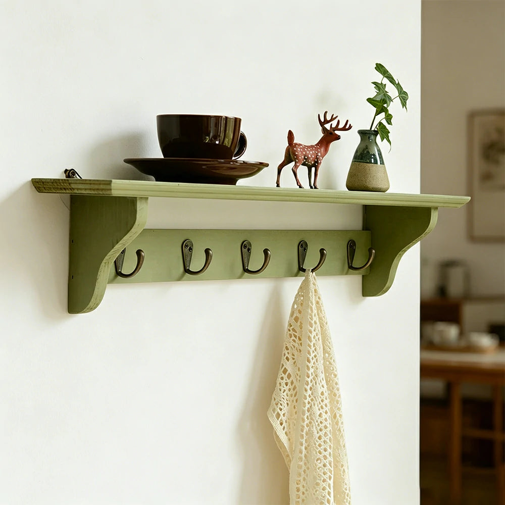 LIVARA Solid Wood Wall Display Shelf Rack with 5 Hooks for Entryway Kitchen Bedroom - Green