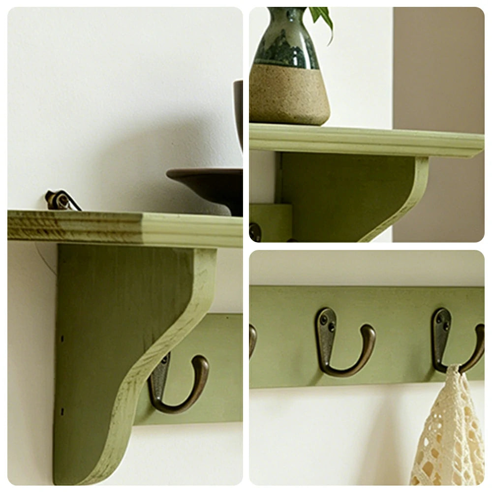 LIVARA Solid Wood Wall Display Shelf Rack with 5 Hooks for Entryway Kitchen Bedroom - Green
