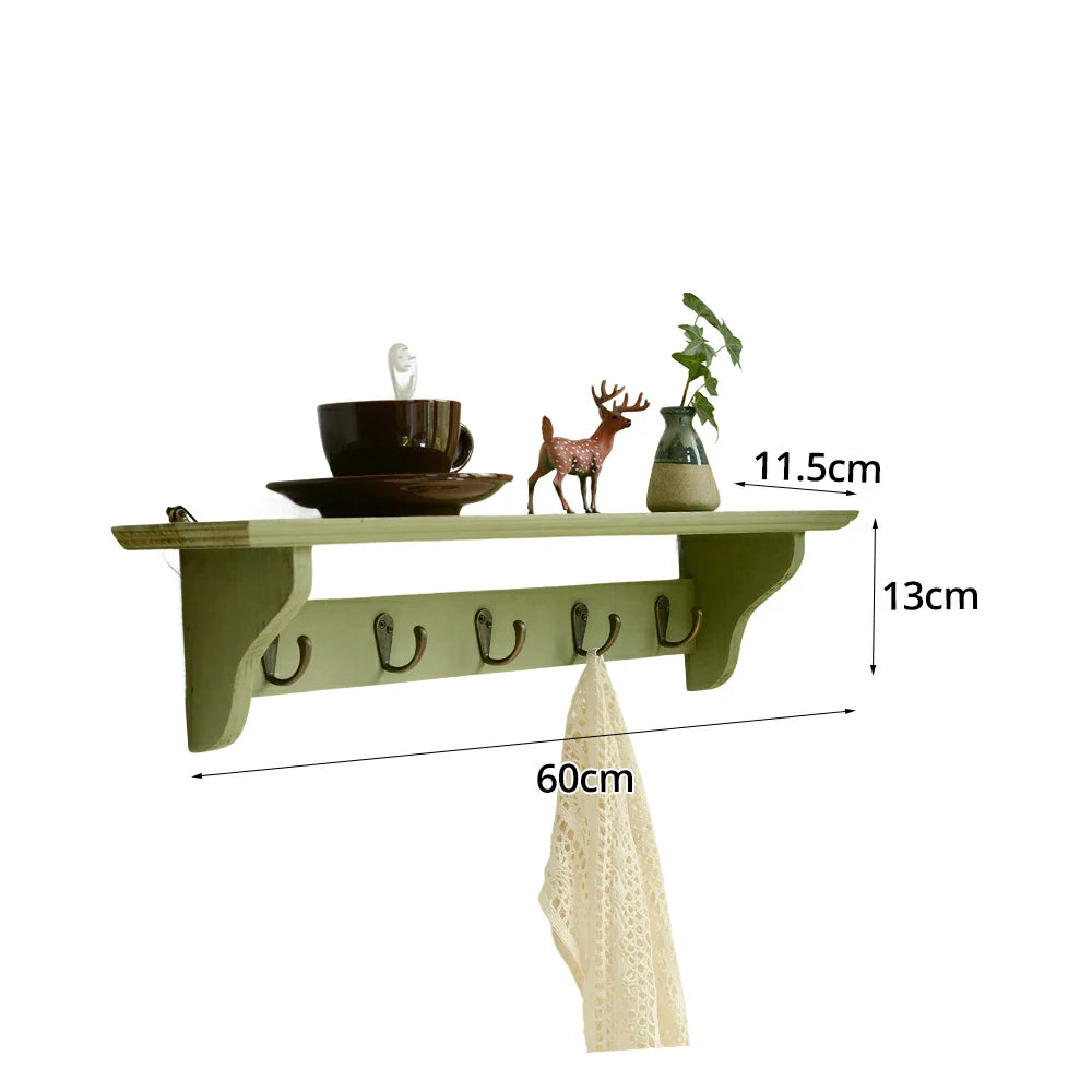 LIVARA Solid Wood Wall Display Shelf Rack with 5 Hooks for Entryway Kitchen Bedroom - Green