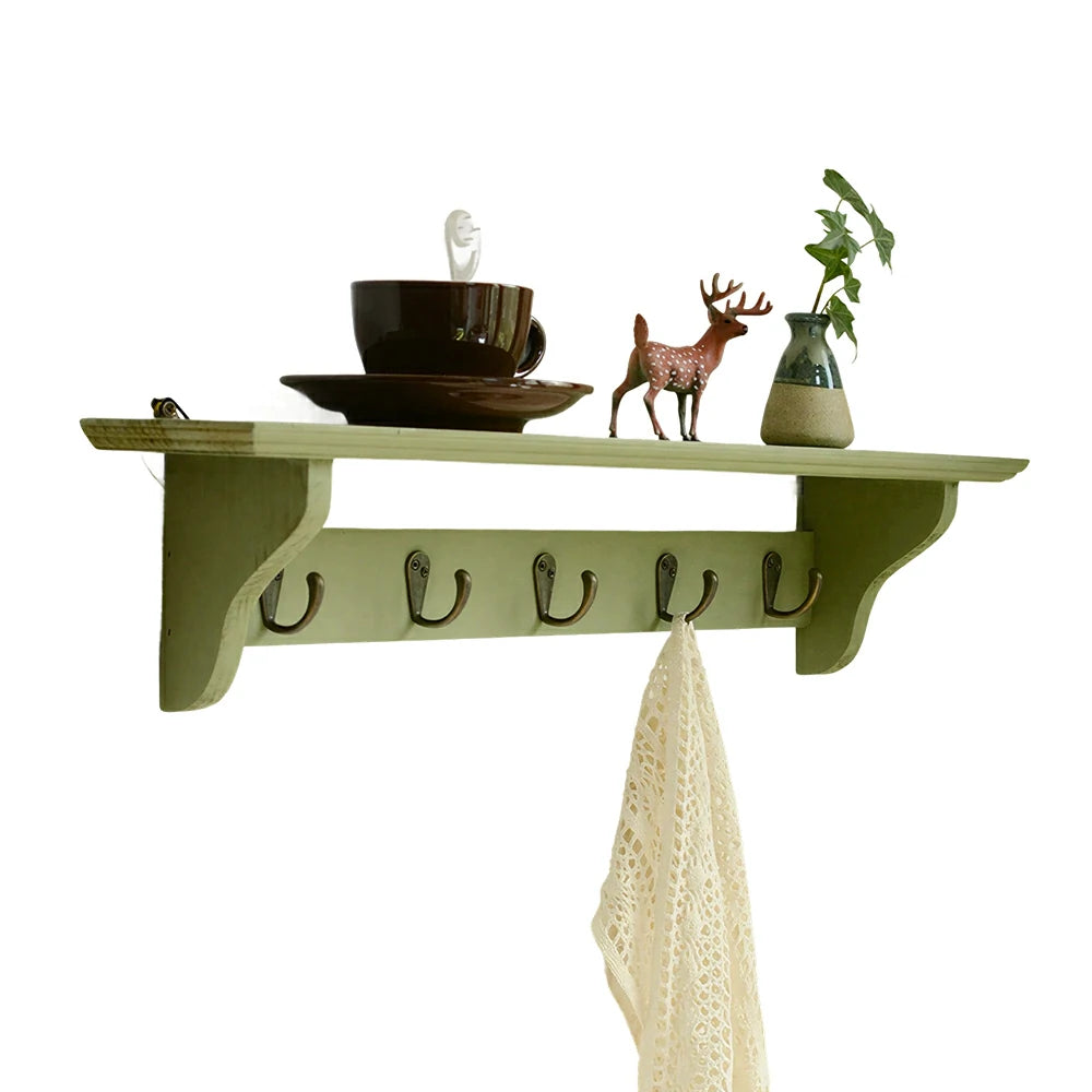 LIVARA Solid Wood Wall Display Shelf Rack with 5 Hooks for Entryway Kitchen Bedroom - Green