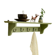 LIVARA Solid Wood Wall Display Shelf Rack with 5 Hooks for Entryway Kitchen Bedroom - Green