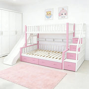 LIVARA ACSF01 Bunk Bed Frame with Slide Solid Pine Timber Safety Rails Big Storage - Pink
