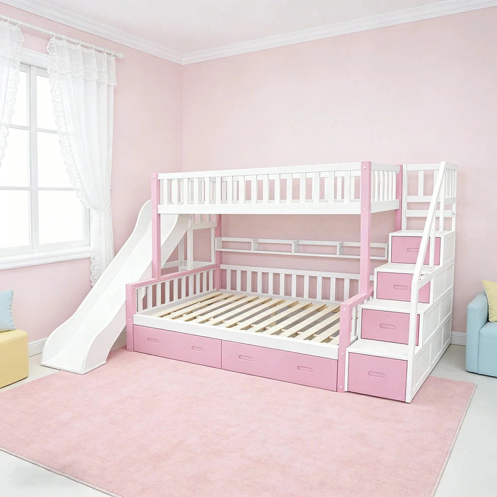 LIVARA ACSF01 Bunk Bed Frame with Slide Solid Pine Timber Safety Rails Big Storage - Pink