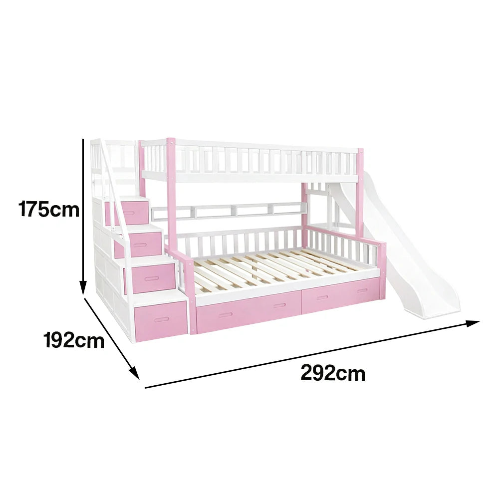 LIVARA ACSF01 Bunk Bed Frame with Slide Solid Pine Timber Safety Rails Big Storage - Pink