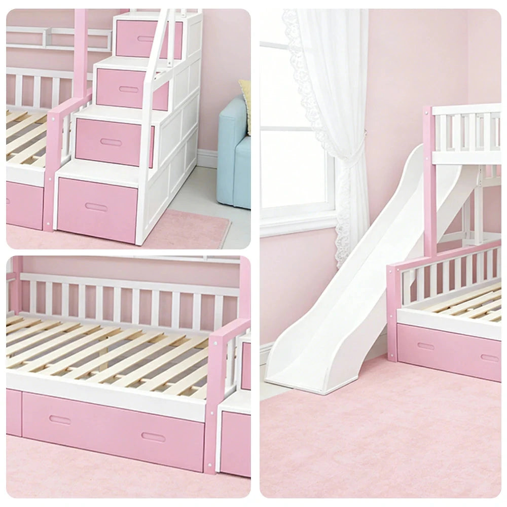 LIVARA ACSF01 Bunk Bed Frame with Slide Solid Pine Timber Safety Rails Big Storage - Pink
