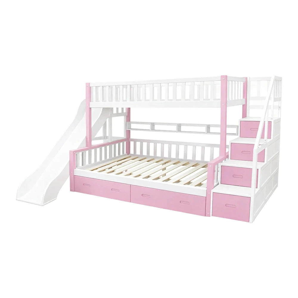 LIVARA ACSF01 Bunk Bed Frame with Slide Solid Pine Timber Safety Rails Big Storage - Pink