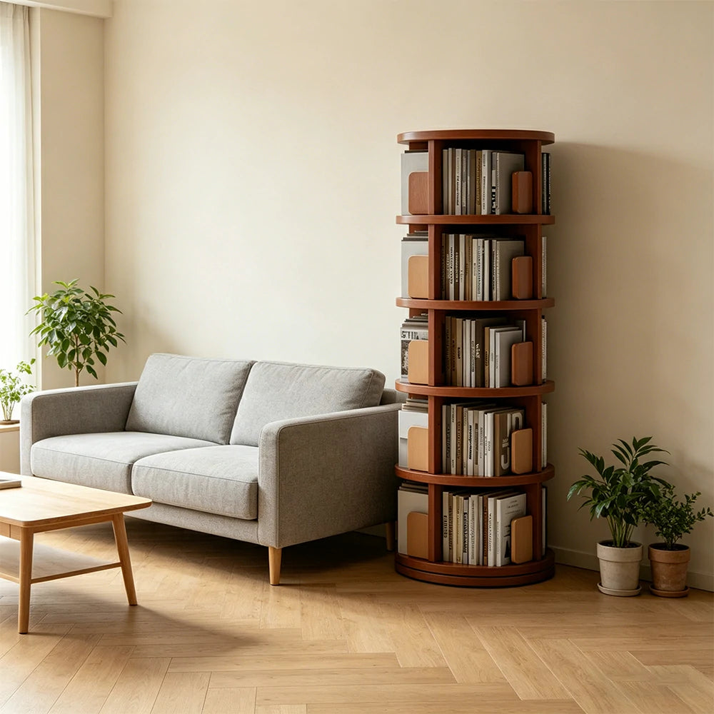 LIVARA Rotating Bookshelf Space Saving Solid Wood Storage Ideal for Apartments & Study Corners - Orange