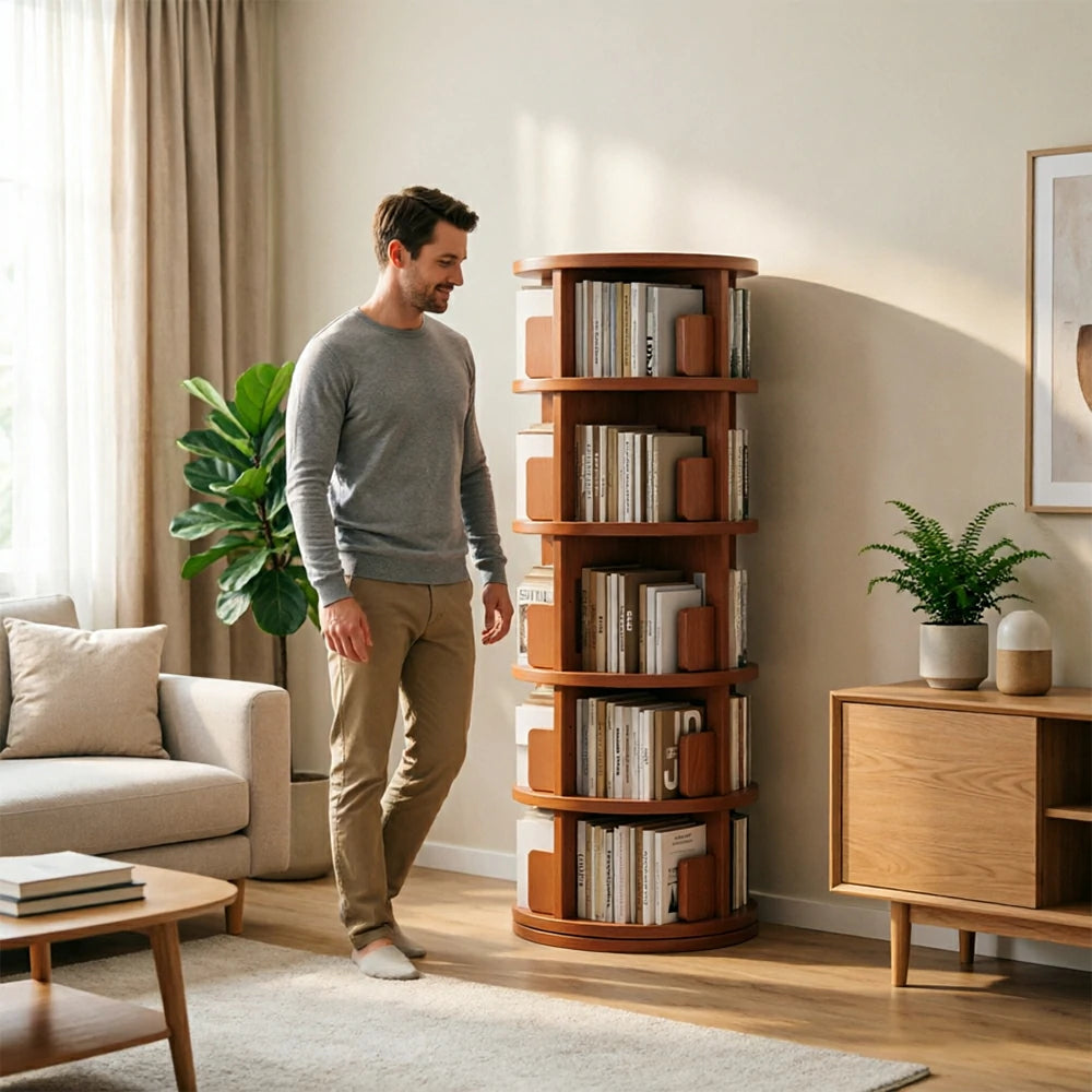 LIVARA Rotating Bookshelf Space Saving Solid Wood Storage Ideal for Apartments & Study Corners - Orange