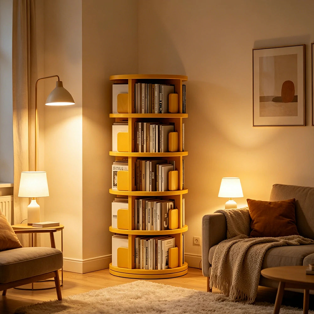 LIVARA Rotating Bookshelf Space Saving Solid Wood Storage Ideal for Apartments & Study Corners - Yellow
