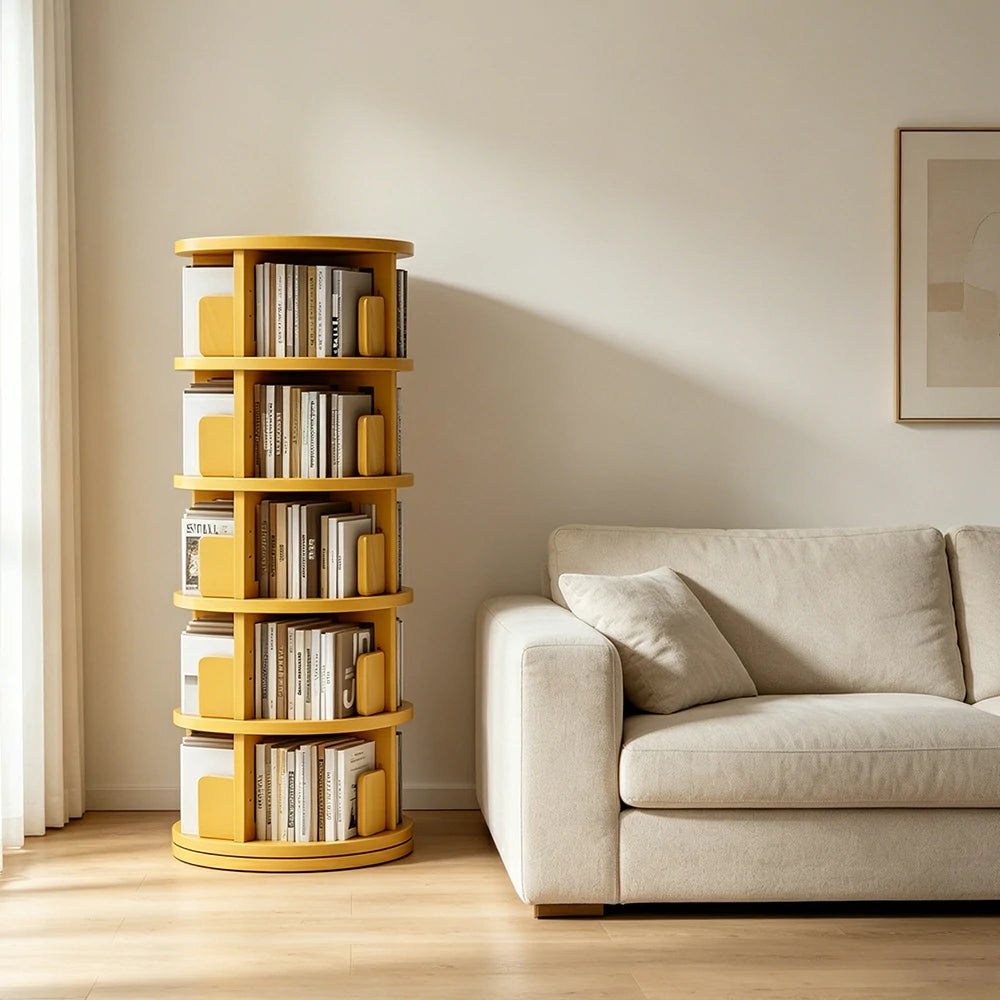 LIVARA Rotating Bookshelf Space Saving Solid Wood Storage Ideal for Apartments & Study Corners - Yellow