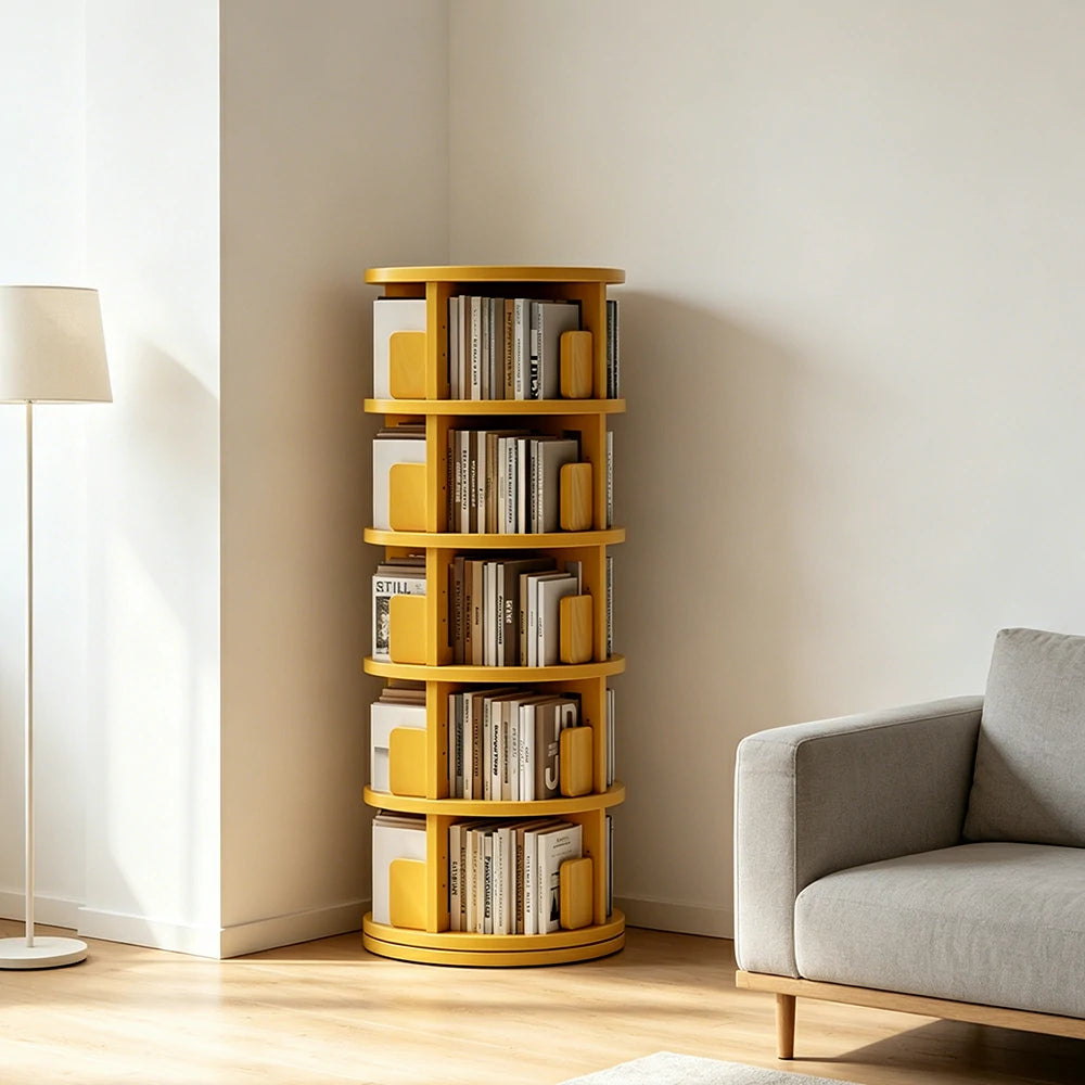 LIVARA Rotating Bookshelf Space Saving Solid Wood Storage Ideal for Apartments & Study Corners - Yellow