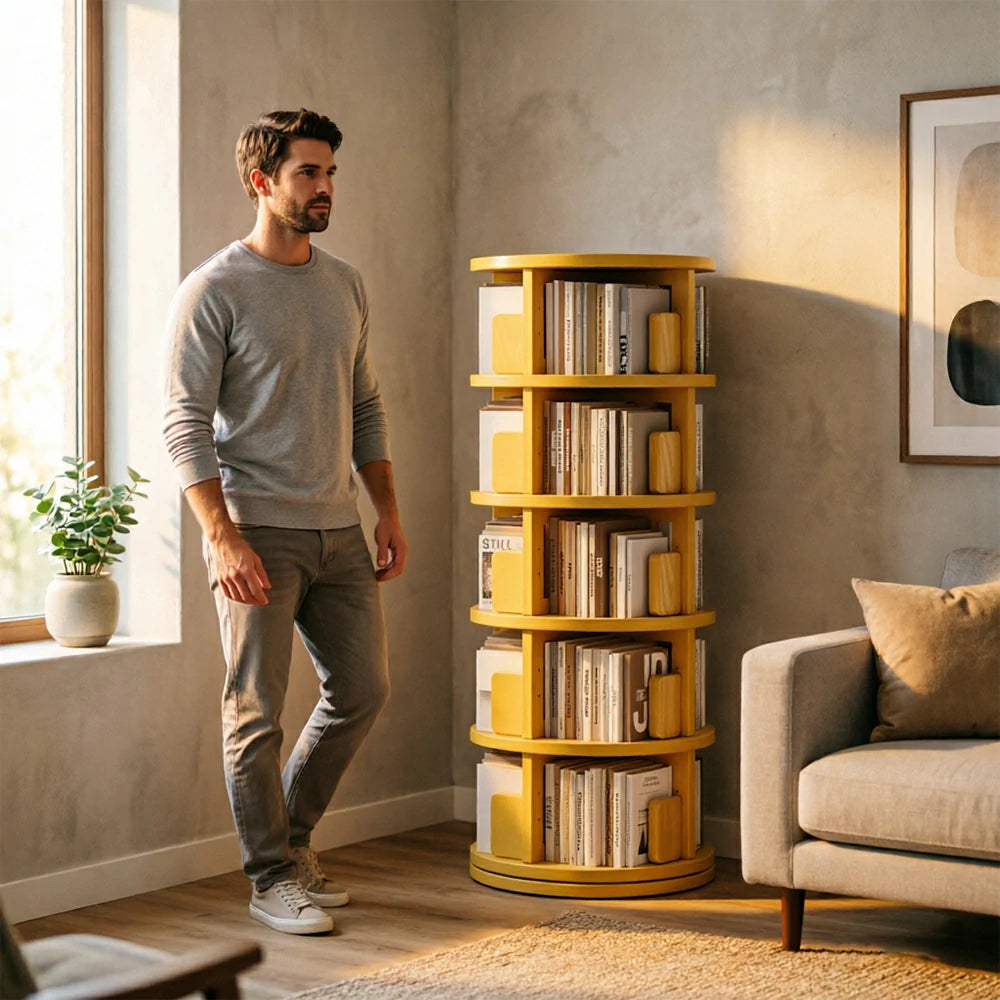 LIVARA Rotating Bookshelf Space Saving Solid Wood Storage Ideal for Apartments & Study Corners - Yellow