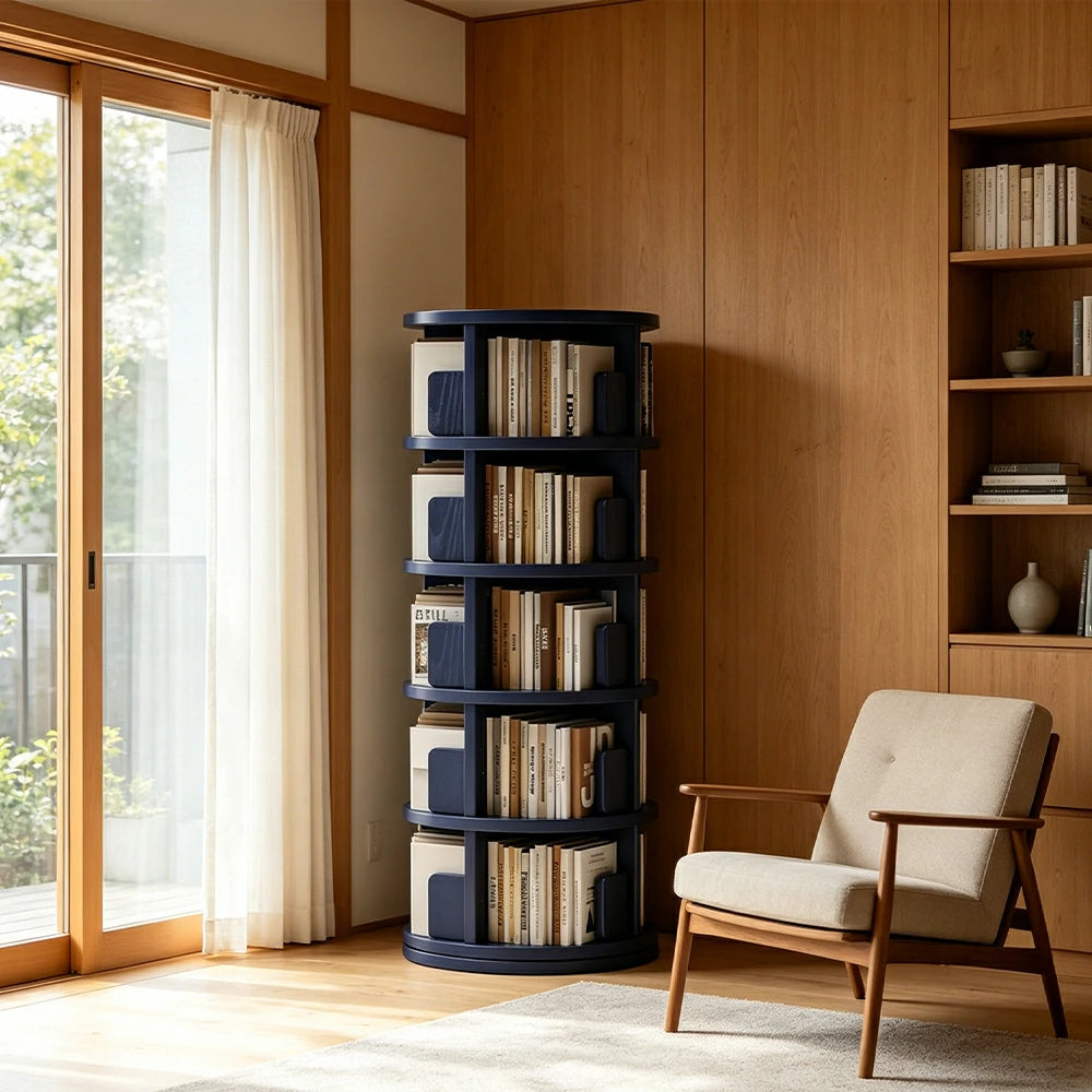 LIVARA Rotating Bookshelf Space Saving Solid Wood Storage Ideal for Apartments & Study Corners - Blue