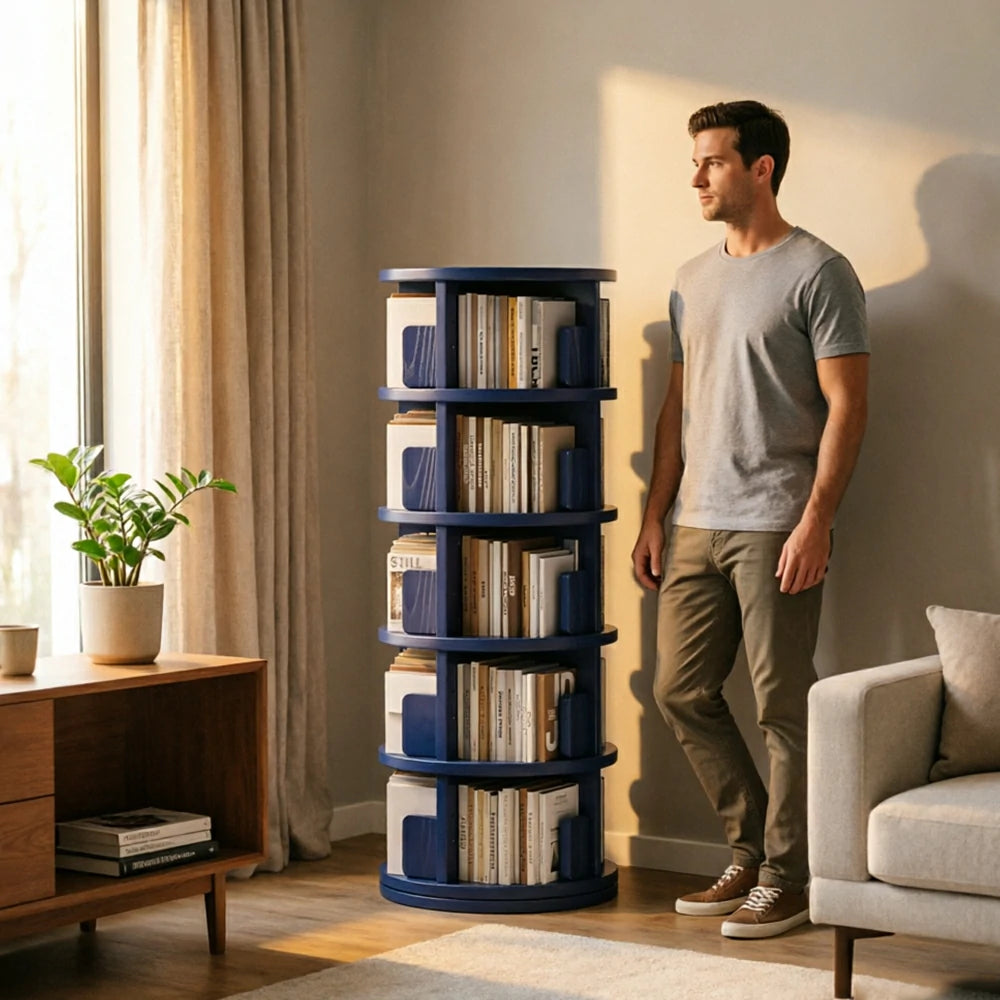LIVARA Rotating Bookshelf Space Saving Solid Wood Storage Ideal for Apartments & Study Corners - Blue