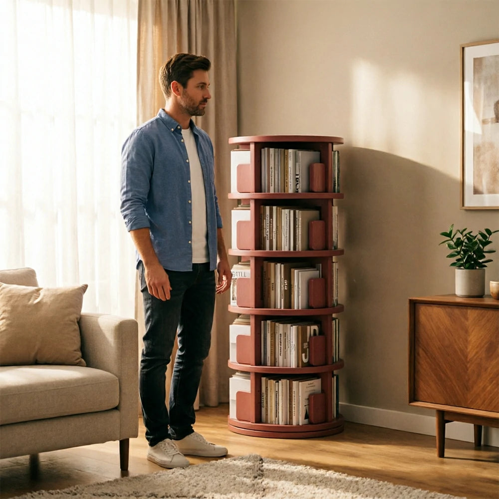 LIVARA Rotating Bookshelf Space Saving Solid Wood Storage Ideal for Apartments & Study Corners - Pink