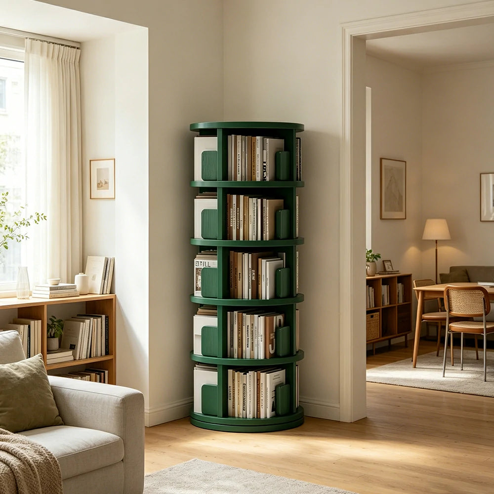 LIVARA Rotating Bookshelf Space Saving Solid Wood Storage Ideal for Apartments & Study Corners - Green