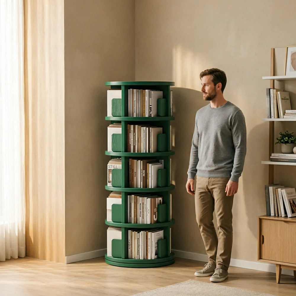 LIVARA Rotating Bookshelf Space Saving Solid Wood Storage Ideal for Apartments & Study Corners - Green