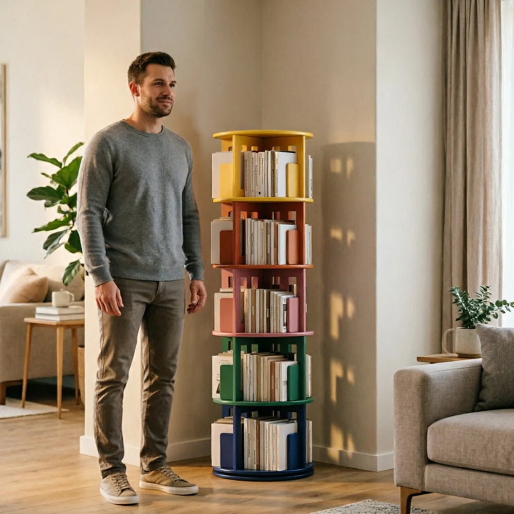 LIVARA Rotating Bookshelf Space Saving Solid Wood Storage Ideal for Apartments & Study Corners - Multi-Color