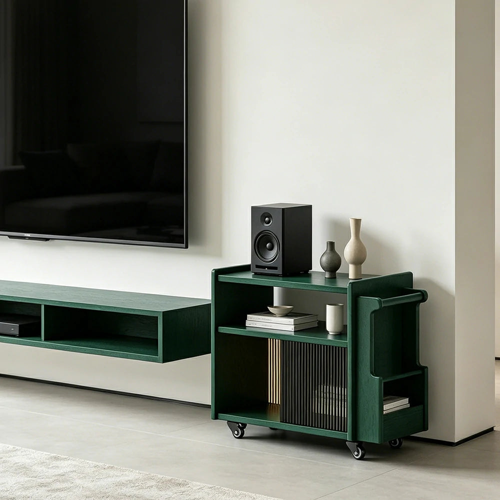 LIVARA Mobile Side Cabinet Sliding Glass Door Solid Wood Storage for Living Room Bedroom & Study - Green