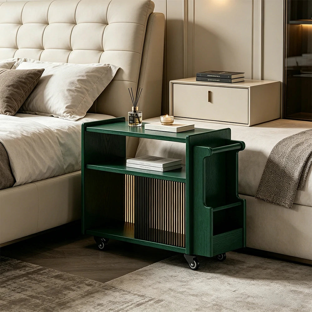 LIVARA Mobile Side Cabinet Sliding Glass Door Solid Wood Storage for Living Room Bedroom & Study - Green