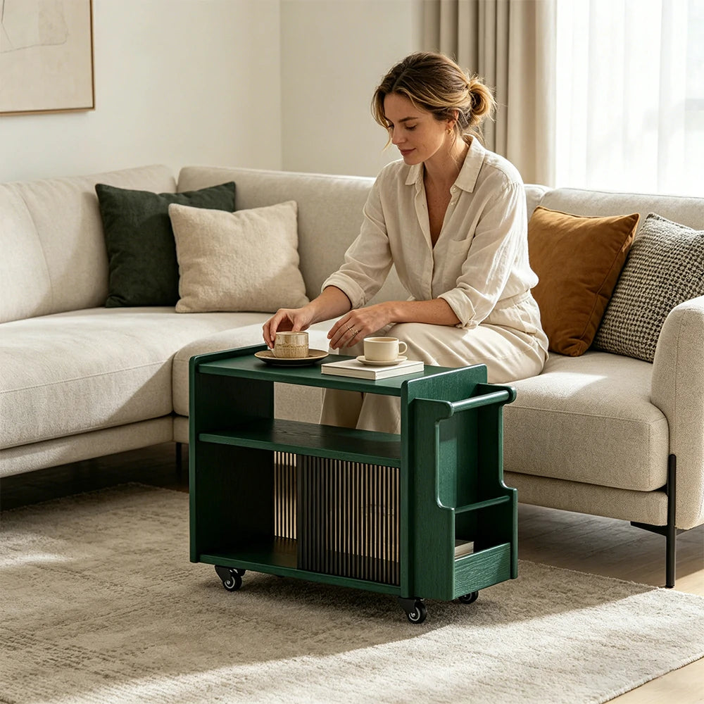 LIVARA Mobile Side Cabinet Sliding Glass Door Solid Wood Storage for Living Room Bedroom & Study - Green