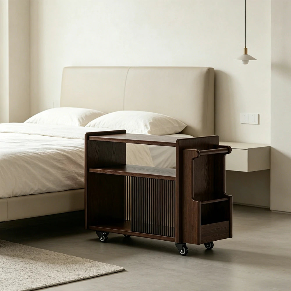 LIVARA Mobile Side Cabinet Sliding Glass Door Solid Wood Storage for Living Room Bedroom & Study - Walnut