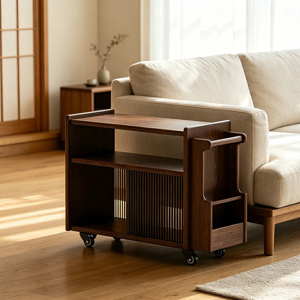 LIVARA Mobile Side Cabinet Sliding Glass Door Solid Wood Storage for Living Room Bedroom & Study - Walnut