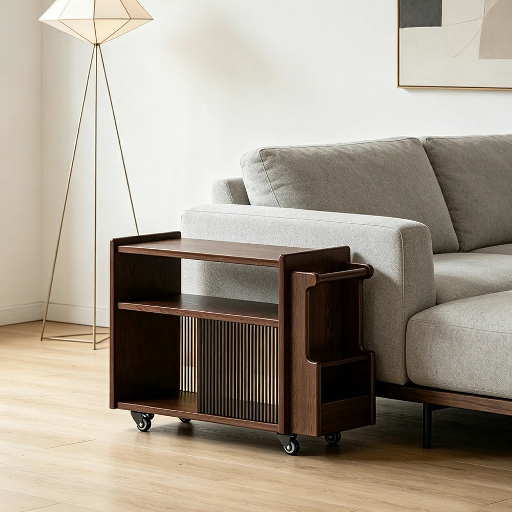 LIVARA Mobile Side Cabinet Sliding Glass Door Solid Wood Storage for Living Room Bedroom & Study - Walnut