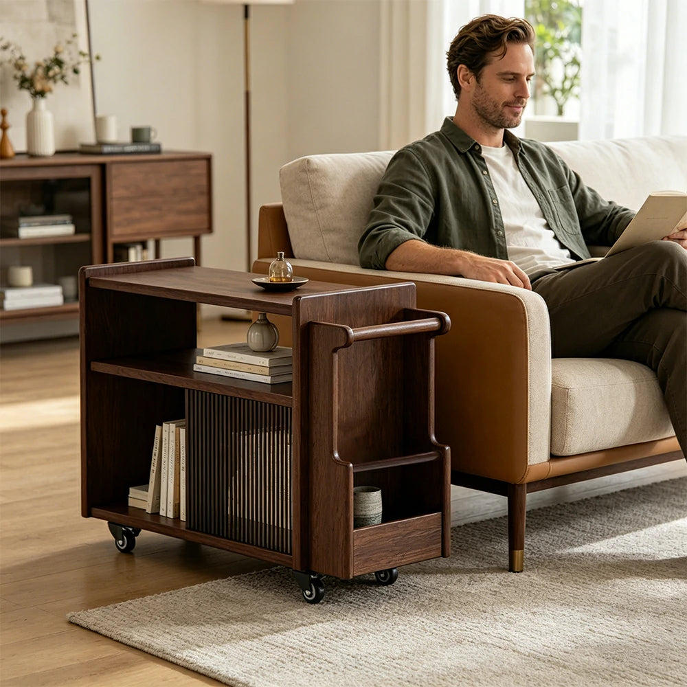 LIVARA Mobile Side Cabinet Sliding Glass Door Solid Wood Storage for Living Room Bedroom & Study - Walnut
