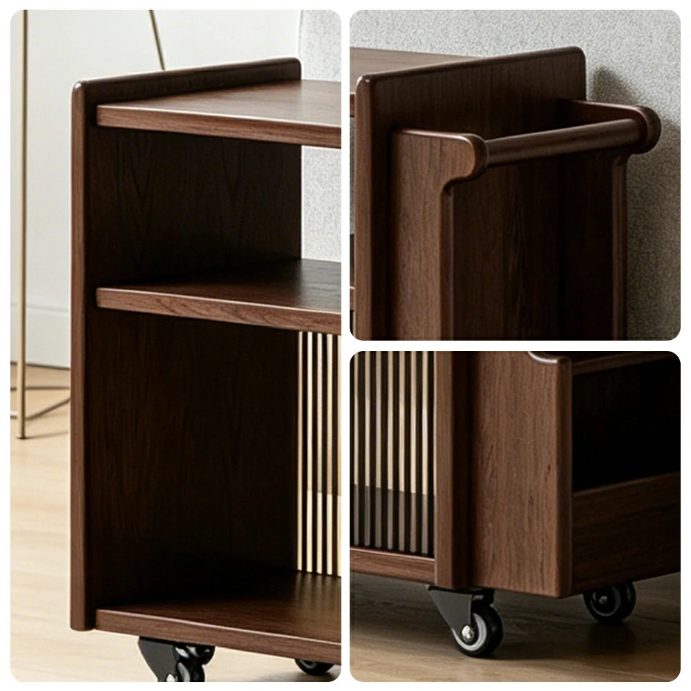 LIVARA Mobile Side Cabinet Sliding Glass Door Solid Wood Storage for Living Room Bedroom & Study - Walnut
