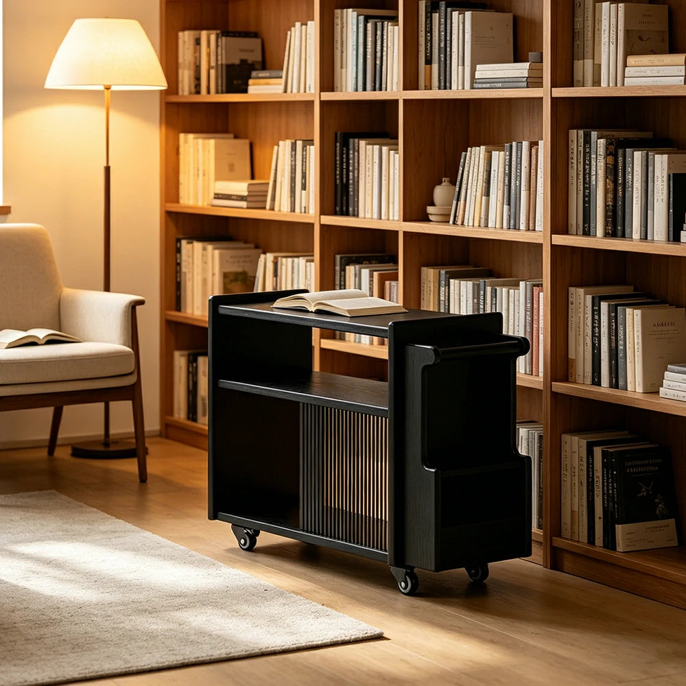 LIVARA Mobile Side Cabinet Sliding Glass Door Solid Wood Storage for Living Room Bedroom & Study - Black