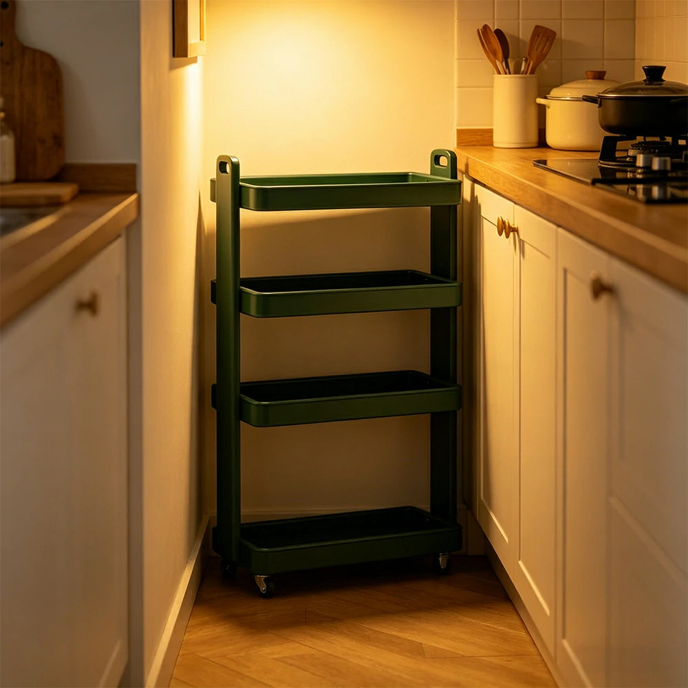LIVARA Mobile Storage Rack Space Saving Solid Wood Shelf for Living Room Corners Kitchen & Study Areas - Green