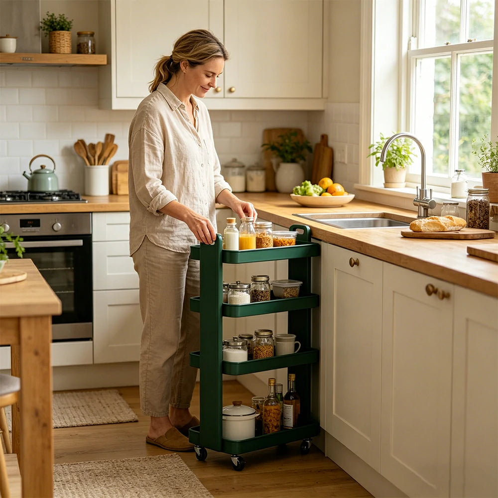 LIVARA Mobile Storage Rack Space Saving Solid Wood Shelf for Living Room Corners Kitchen & Study Areas - Green