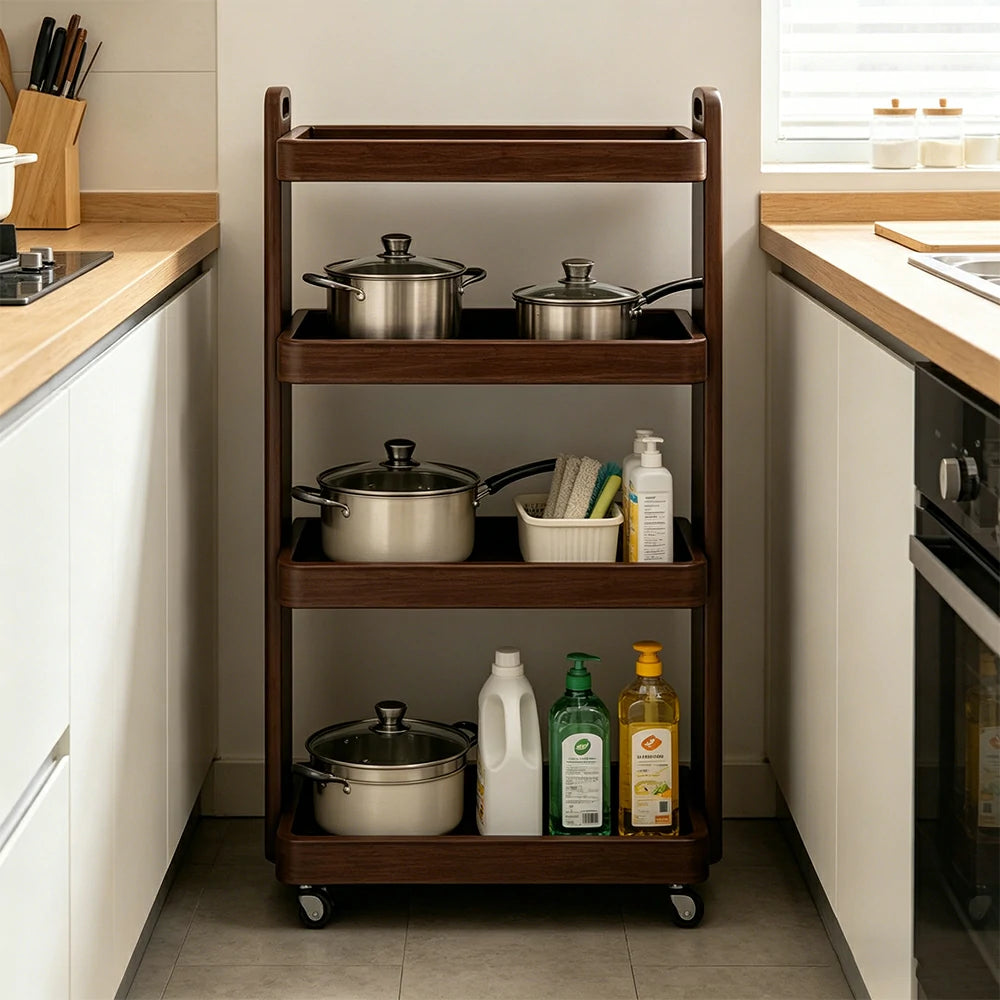 LIVARA Mobile Storage Rack Space Saving Solid Wood Shelf for Living Room Corners Kitchen & Study Areas - Walnut