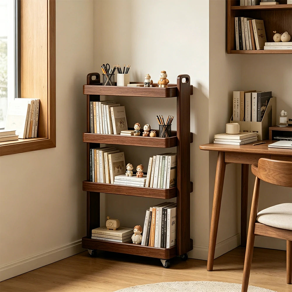 LIVARA Mobile Storage Rack Space Saving Solid Wood Shelf for Living Room Corners Kitchen & Study Areas - Walnut