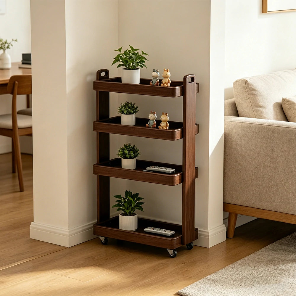 LIVARA Mobile Storage Rack Space Saving Solid Wood Shelf for Living Room Corners Kitchen & Study Areas - Walnut