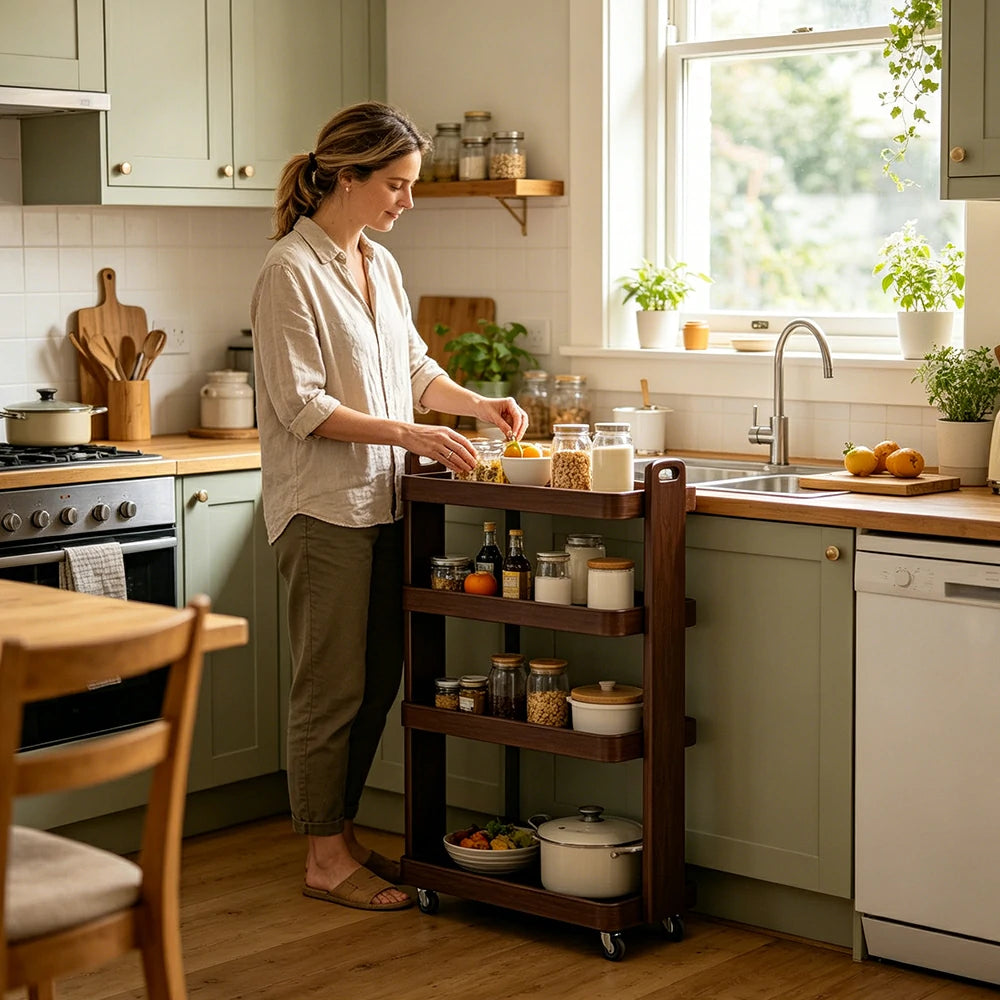 LIVARA Mobile Storage Rack Space Saving Solid Wood Shelf for Living Room Corners Kitchen & Study Areas - Walnut