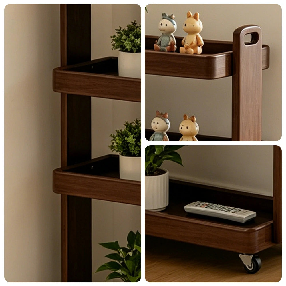 LIVARA Mobile Storage Rack Space Saving Solid Wood Shelf for Living Room Corners Kitchen & Study Areas - Walnut