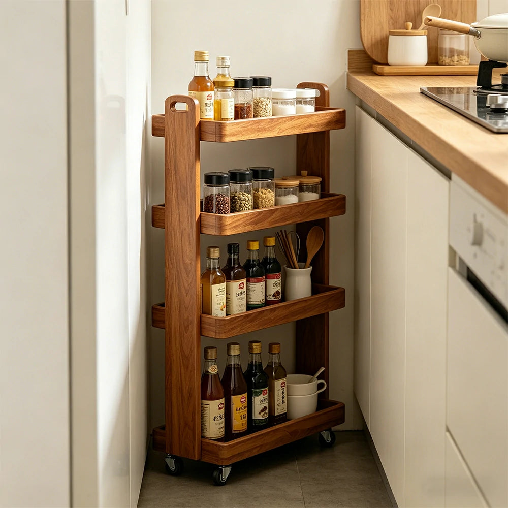 LIVARA Mobile Storage Rack Space Saving Solid Wood Shelf for Living Room Corners Kitchen & Study Areas - Cherry