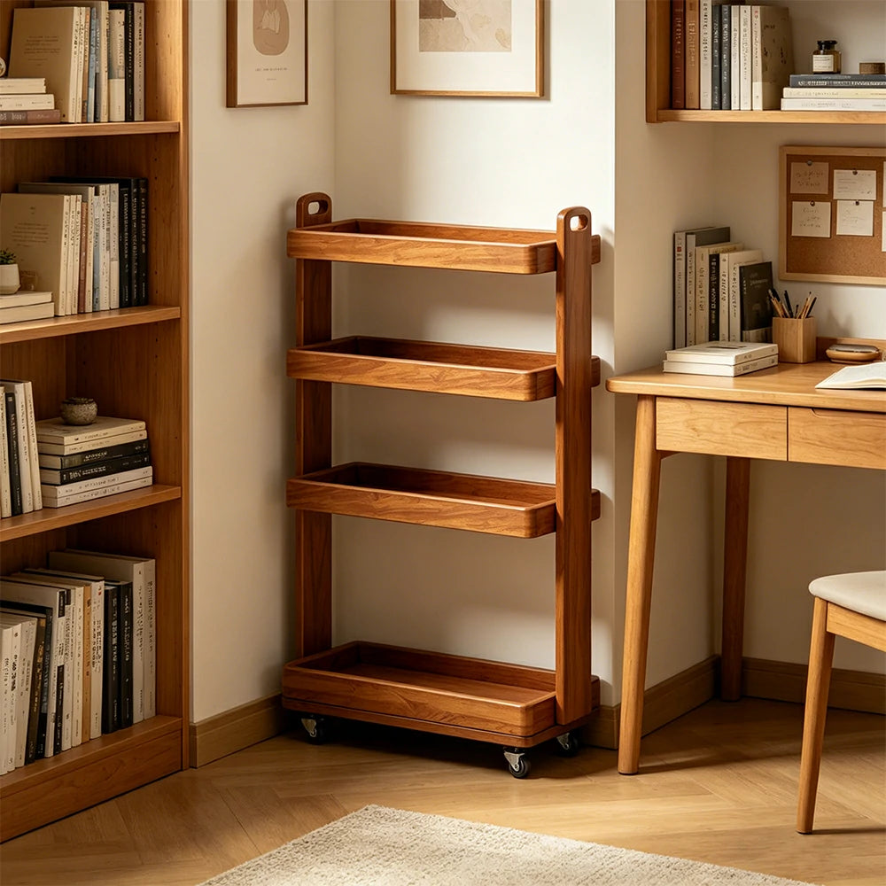 LIVARA Mobile Storage Rack Space Saving Solid Wood Shelf for Living Room Corners Kitchen & Study Areas - Cherry