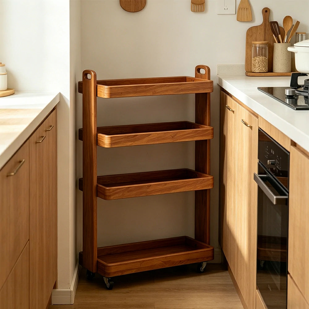 LIVARA Mobile Storage Rack Space Saving Solid Wood Shelf for Living Room Corners Kitchen & Study Areas - Cherry