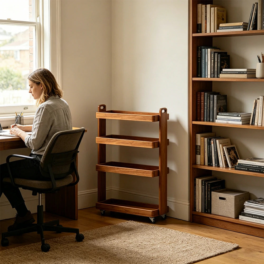 LIVARA Mobile Storage Rack Space Saving Solid Wood Shelf for Living Room Corners Kitchen & Study Areas - Cherry