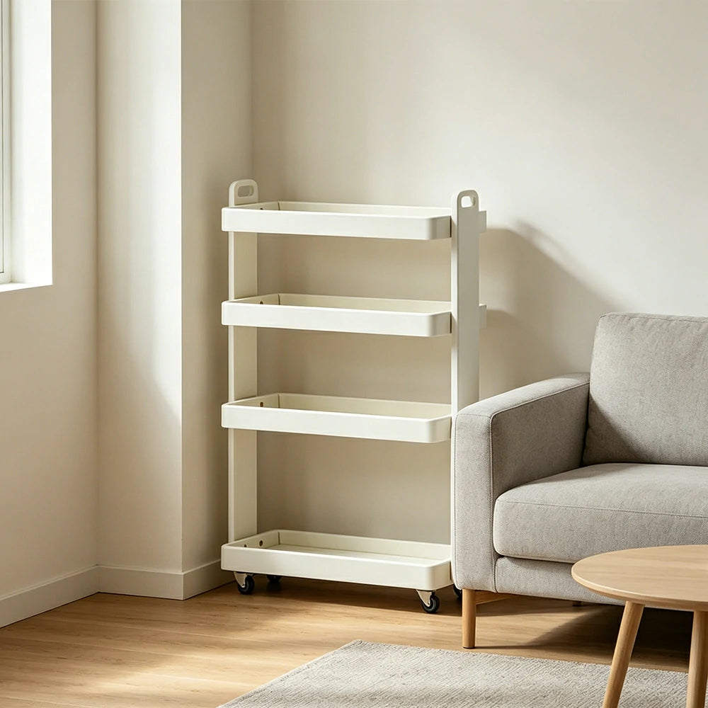 LIVARA Mobile Storage Rack Space Saving Solid Wood Shelf for Living Room Corners Kitchen & Study Areas - White