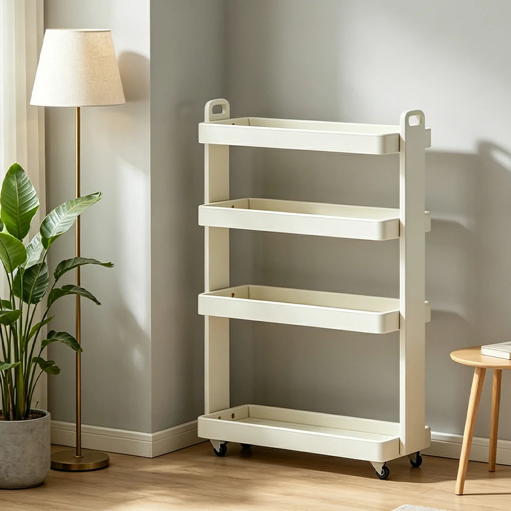 LIVARA Mobile Storage Rack Space Saving Solid Wood Shelf for Living Room Corners Kitchen & Study Areas - White