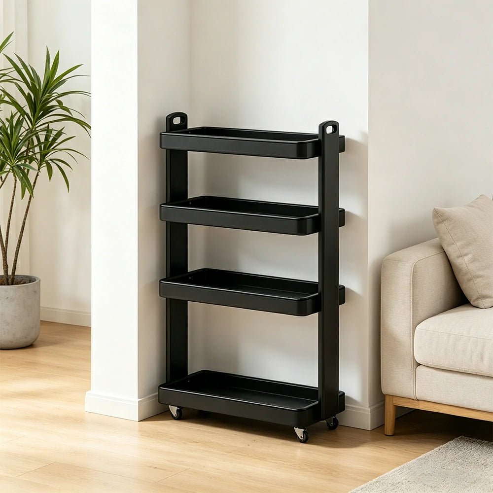 LIVARA Mobile Storage Rack Space Saving Solid Wood Shelf for Living Room Corners Kitchen & Study Areas - Black