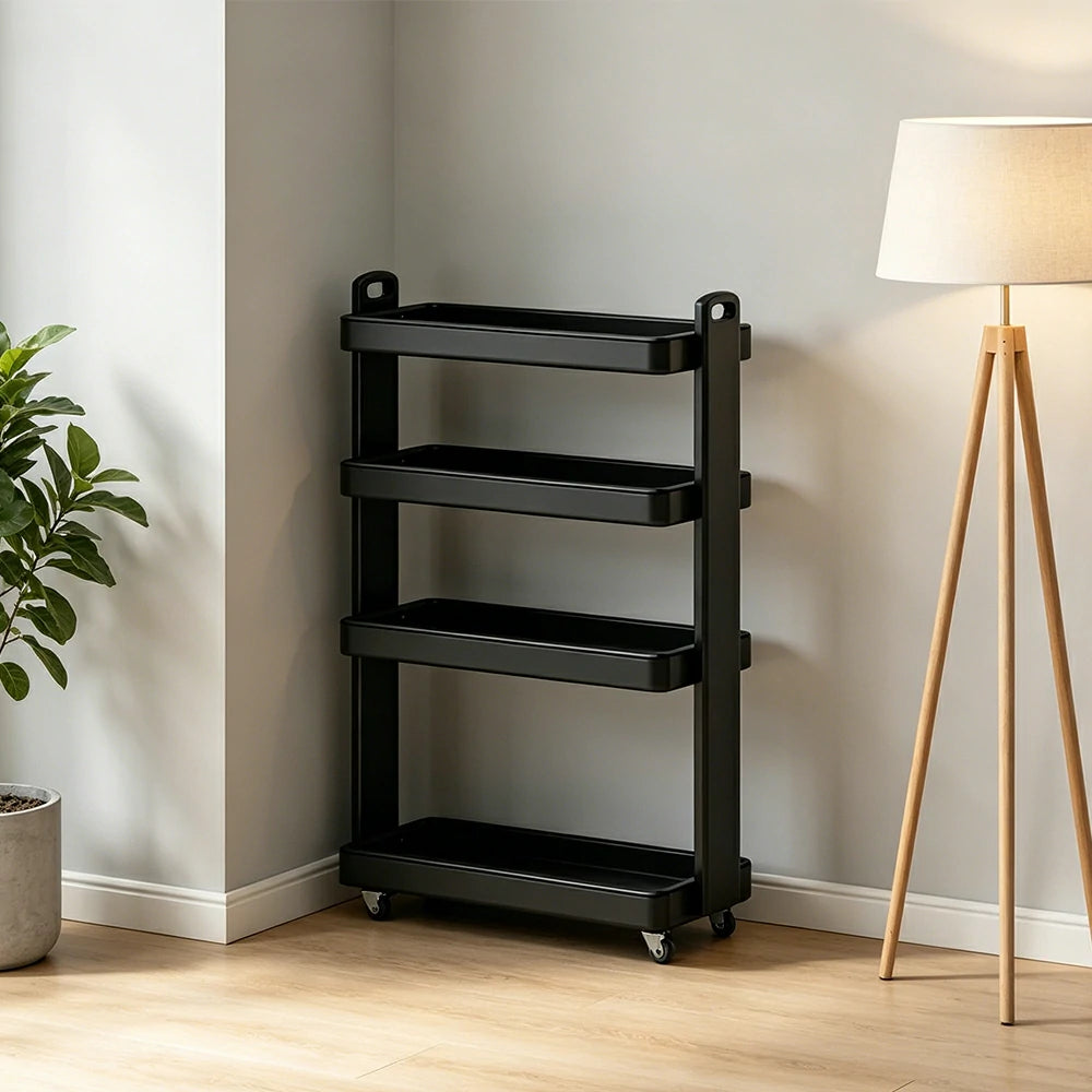 LIVARA Mobile Storage Rack Space Saving Solid Wood Shelf for Living Room Corners Kitchen & Study Areas - Black