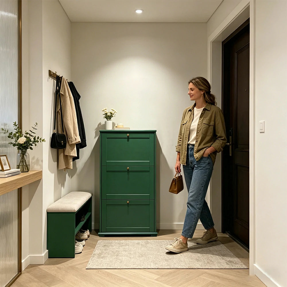 LIVARA Flip Down Shoe Cabinet Slim Space Saving Storage 55/75cm for Entryway Hallway & Bedroom - Green