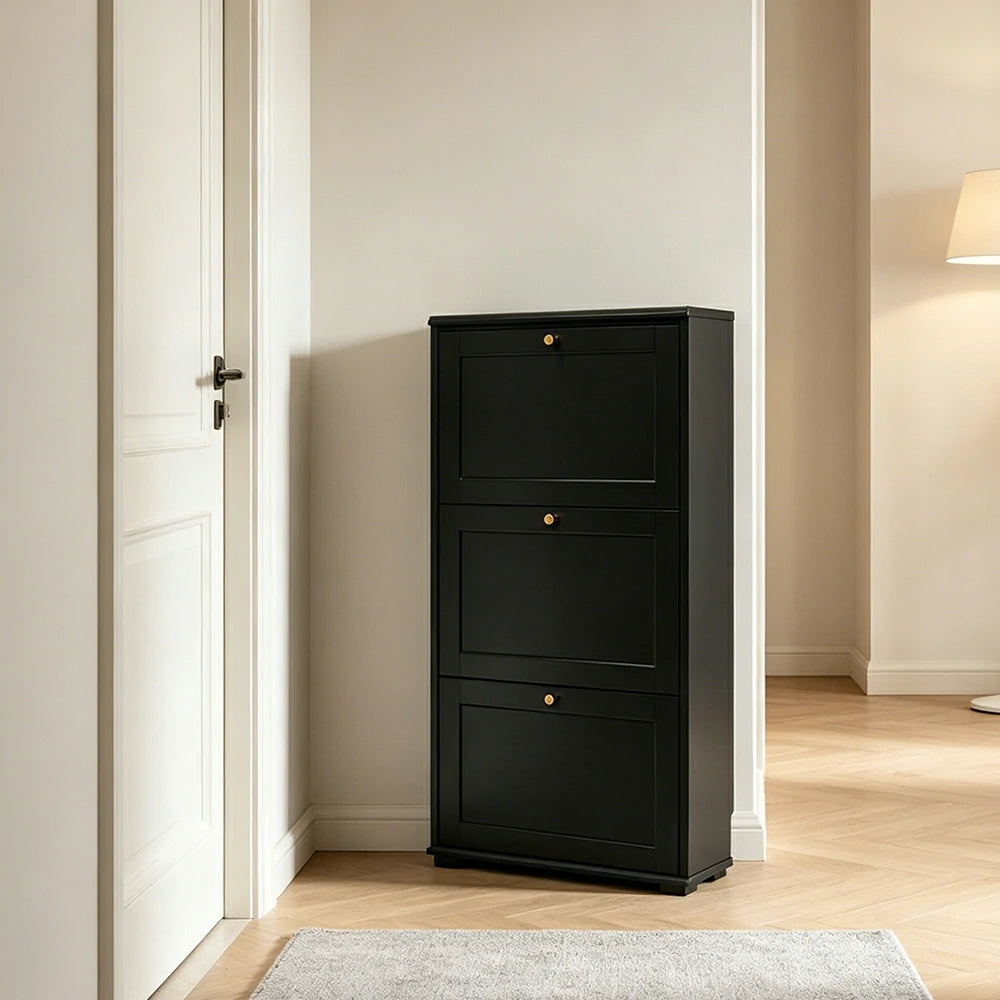 LIVARA Flip Down Shoe Cabinet Slim Space Saving Storage 55/75cm for Entryway Hallway & Bedroom - Black