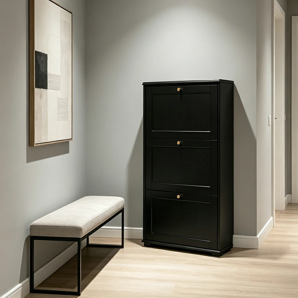 LIVARA Flip Down Shoe Cabinet Slim Space Saving Storage 55/75cm for Entryway Hallway & Bedroom - Black