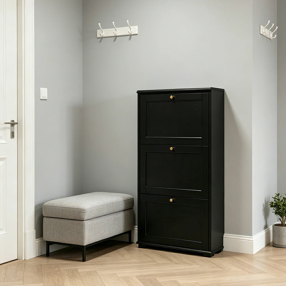 LIVARA Flip Down Shoe Cabinet Slim Space Saving Storage 55/75cm for Entryway Hallway & Bedroom - Black